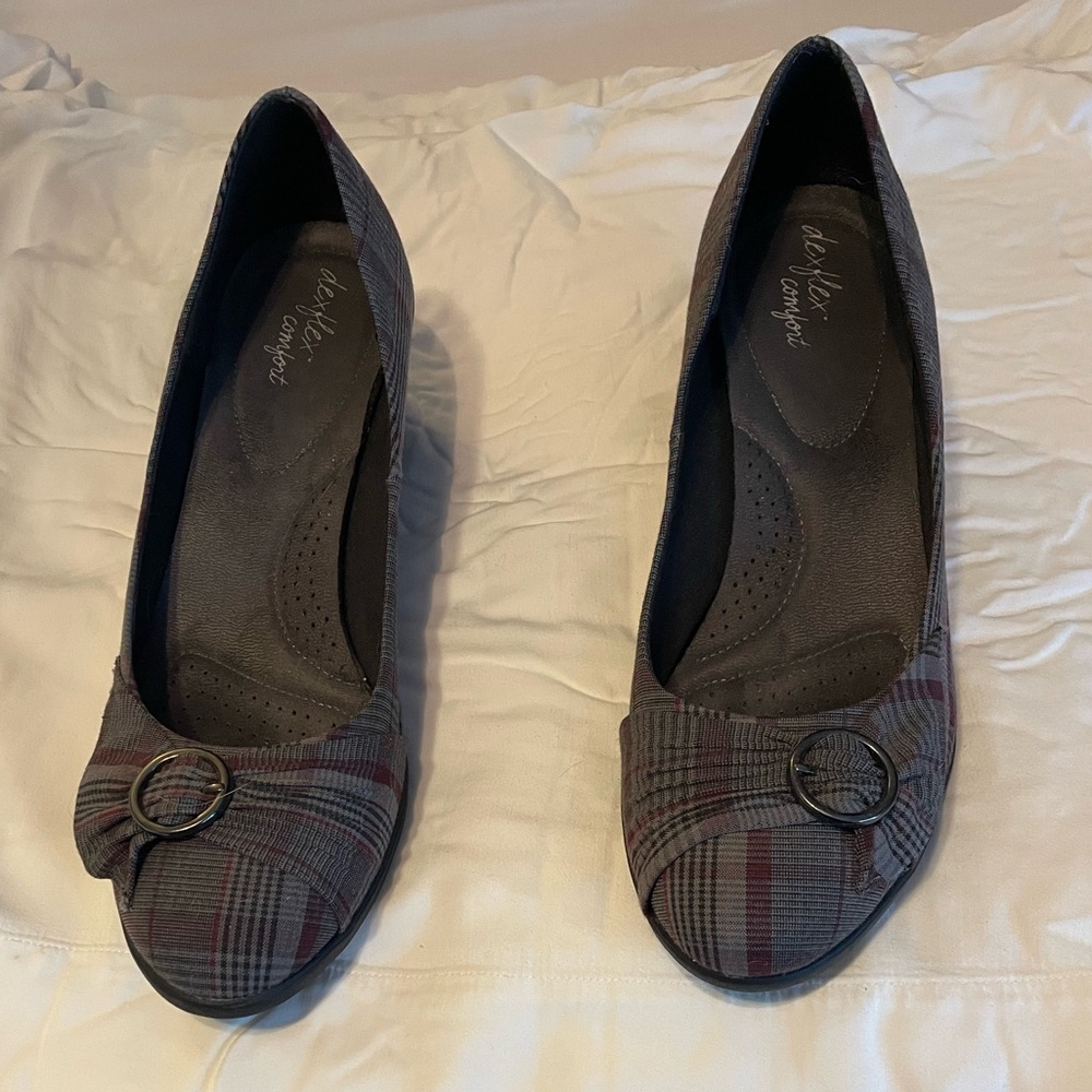 Gray and purple/burgundy wedge loafers. Size 12.